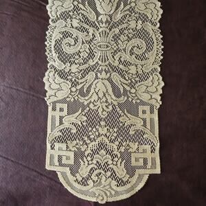 Vtg Lace Table Runner Ecru Floral Scroll Greek Key Cottage Farm Extra Long 14x89